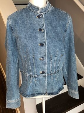 Jones New York Light Blue Denim Peplum Jacket with Mandarin Collar Sz L New
